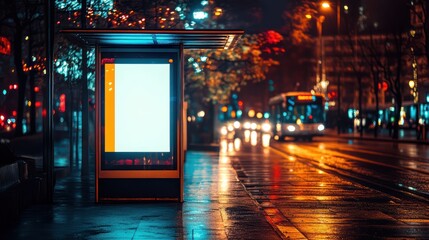 Obraz premium Illuminated billboard at a city bus stop during a wet night with passing traffic
