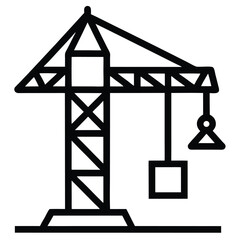 Simple line art icon of a tower crane in black and white