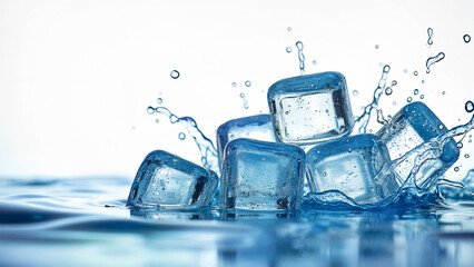 Clear ice cubes, splashing in blue water. Isolated on a white background for versatile use in beverage or cooling concepts.
