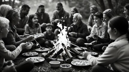 Family Gathering Around Campfire Sharing Meal in Nature Black and White