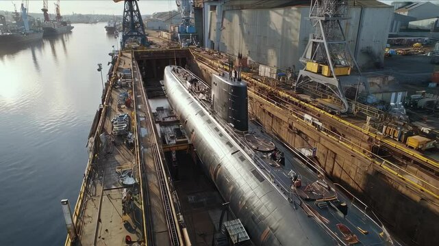 Large military submarine sits in a dry dock, undergoing maintenance and repairs in a shipyard, showcasing the complex industrial processes involved in naval upkeep