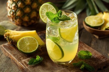 Lemonade with pineapple lime and mint served in a glass on wood