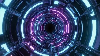 Futuristic rotating portal tunnel, glowing concentric rings with neon lights pulsing in a continuous loop, high-tech sci-fi design. - Powered by Adobe