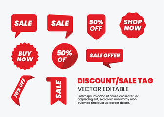 Set of vector red starburst, sunburst badges. Simple flat style vintage labels, stickers with sale discount text. Sale quality tags and labels. Template banner shopping badges.