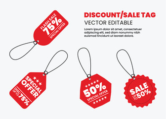 Realistic red sale labels, discount price tags mockups. Paper gift label with rope, promotional sales hanging tag vector template set. Retail product sticker elements with deal, hot price. EPS10