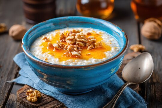 Pumpkin porridge made with rice milk walnuts butter and honey in a blue bowl on wood Nutritious option Blurred focus