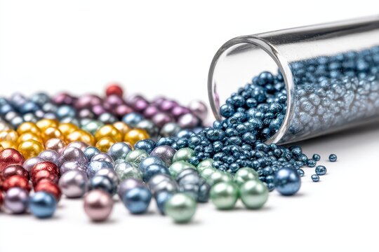 Pearl silver masterbatch granules spilled from a shot glass on a white background accompanied by color samples demonstrating the shade serving as a pigment for plastic products