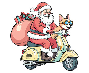 Santa and Dog on Scooter Christmas color on a white background