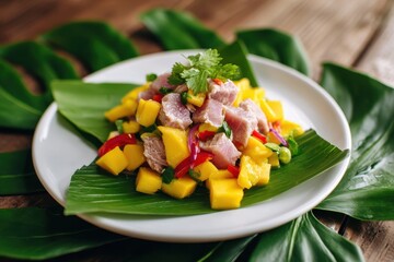 Mango tuna salad on a white plate atop a monstera leaf