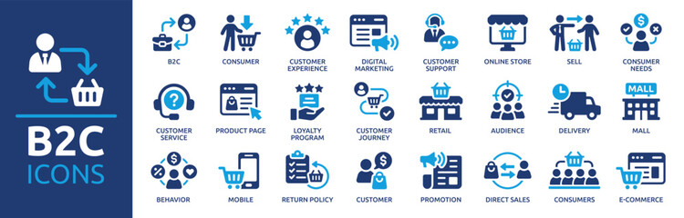 B2C icon set. Business to consumer, e-commerce, customer service, retail, digital marketing, direct sales, customer experience, online store and more. Solid vector icons collection.