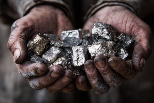 Men are grasping ore of silver platinum or rare earth minerals from the mine