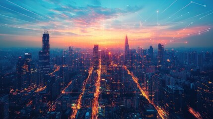 Fototapeta premium illuminating cityscape tapestry under a vibrant sunset sky showcasing urban density with digital network lines weaving through the skyline symbolizing connectivity and technological advancement