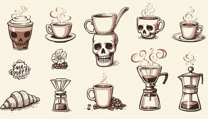 Collection of Vintage Coffee and Skull Illustrations with Steaming Beverages