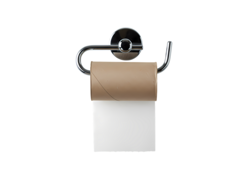 Closeup of a Partially Used Roll of Toilet Paper on a Metal Holder Against a Black Background isolated on transparent background