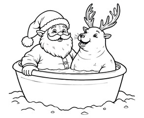 Santa in Hot Tub with Walrus Wearing Reindeer Horns Christmas Coloring Page