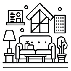 Clean black and white line art icon of a cozy living room interior