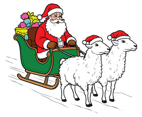 Santa in Sleigh Pulled by Fluffy Sheep Christmas color on a white background