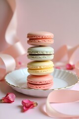 Stack of Pastel Macarons on White Plate. Elegant Dessert Photo with Ribbon and Dried Rose Petals background.