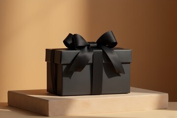 Gift Box in Black Matte Paper with Satin Ribbon – Elegant Present on Stone Podium.