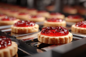 Modern factory conveyor belt producing cookies with red fruit jam