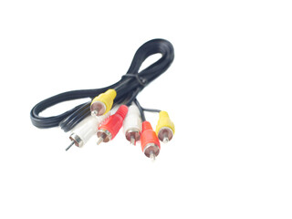 RCA cable with red, yellow, and white connectors, used for audio and video connections, isolated on...