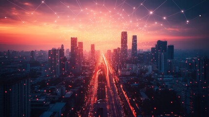 Fototapeta premium aerial perspective of a connected city at sunset showcasing the infrastructure and network with glowing elements conveying advanced technology and urban connectivity