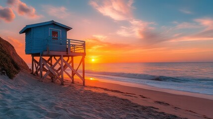 Seaside sentinel: Serene dawn paints a lifeguard post in vibrant coastal colors