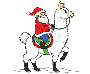 Santa riding a llama Christmas color on a white background