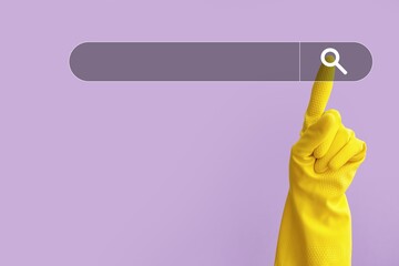 Hand in rubber glove using web search engine on lilac background