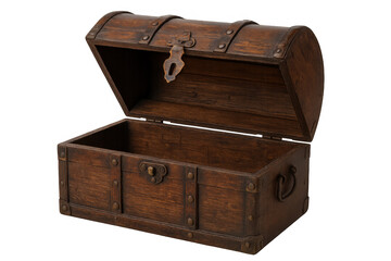 Antique wooden treasure chest open, showing its empty interior, isolated on transparent background