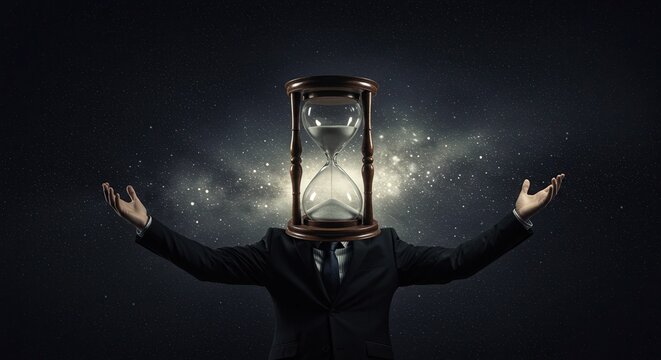 Businessman with hourglass head in dark space symbolizing time  