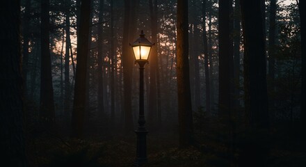 Obraz premium Street lamp illuminating forest path at dusk with foggy backdrop 