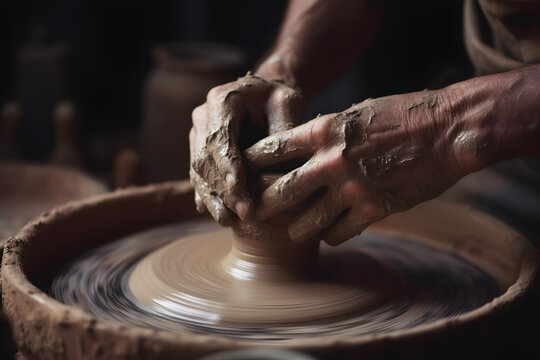 Close-Up of Potter’s Hands Shaping Clay on a Spinning Wheel – Traditional Pottery Craftsmanship