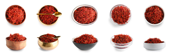 Set of aromatic saffron on white background