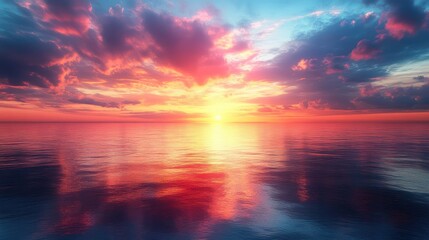 Obraz premium Vibrant sunset over serene ocean waterscapes with colorful cloud reflections