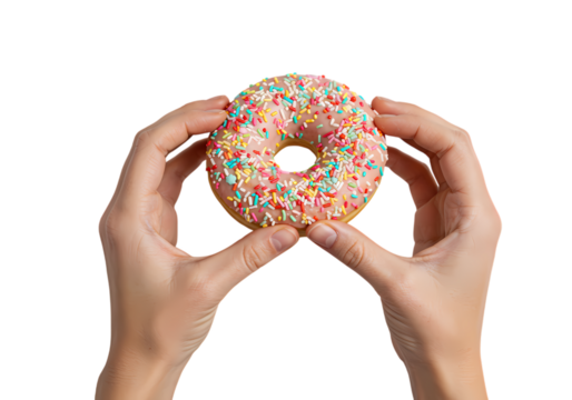 Rainbow Sprinkled Donut Held Gently isolated on transparent background