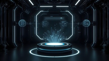 Futuristic dark sci fi laboratory with glowing blue lights and data displays