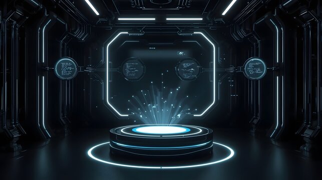 Futuristic dark sci fi laboratory with glowing blue lights and data displays