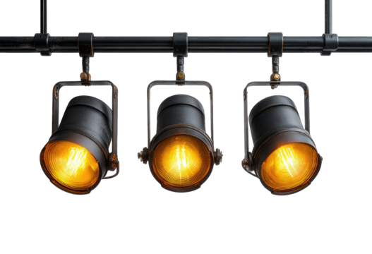 Three vintage-style spotlights hang from a black industrial pipe, emitting warm yellow light against a dark background