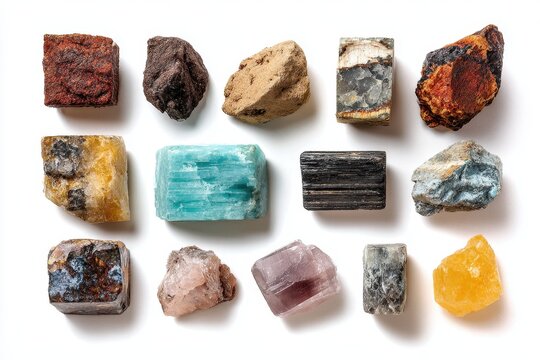 A group of minerals and stones displayed against a white backdrop iron ore sandstone apatite quartz bauxite phosphorite magnesite gypsum and more