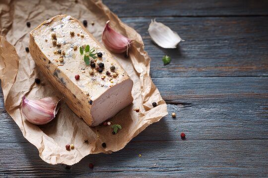 Raw foie gras block prepped for cooking or eating healthy appetizer on a rustic table with space around it