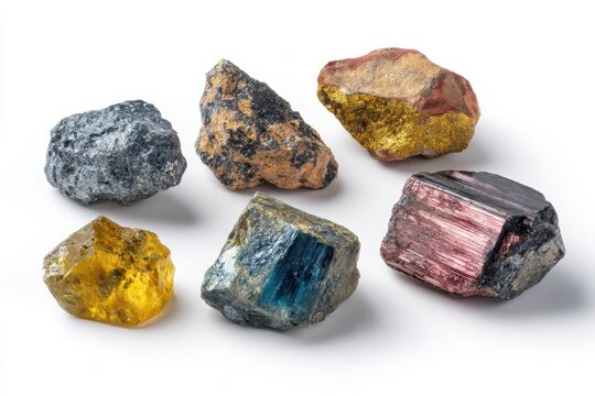 collection of diverse natural minerals titanium ores knopite perovskite titanite sphene ilmenorutile rutile on white backdrop