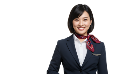 Charming Asian Flight Attendant Smiling Professionally Dressed in Uniform with Silk Scarf Isolated on Transparent Background