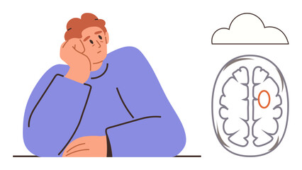 Person resting chin on hand next to a stylized brain with a marked section and a cloud. Ideal for mental health, creativity, reflection, neuroscience, psychology, innovation, education. A simple flat