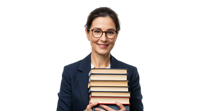 Smiling woman with glasses holding stack of books isolated on transparent background representing education knowledge and learning