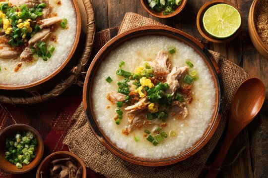 Overhead perspective of Cambodian chicken rice porridge a traditional dish