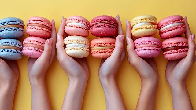 Colorful macarons held in hands