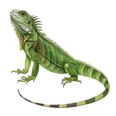 Fototapeta premium A vibrant green iguana is perched, isolated on transparent background, showcasing intricate scales and a watchful gaze