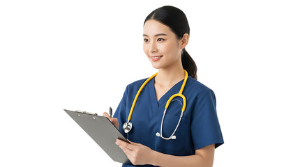 Asian female doctor with stethoscope and notepad in blue scrubs smiling and looking away isolated on black background