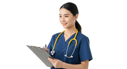 Asian female doctor with stethoscope and notepad in blue scrubs smiling and looking away isolated on black background